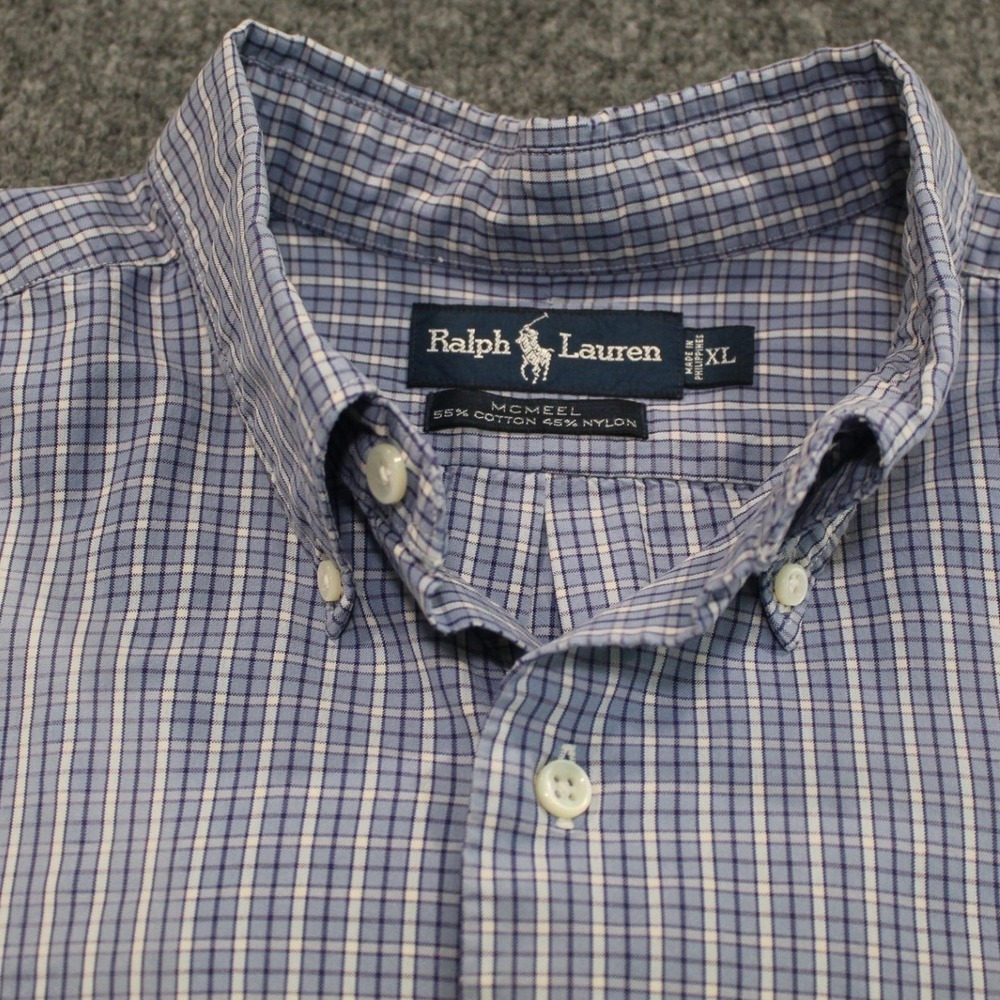 Ralph Lauren MCMEEL Button Down Shirt Blue Plaid Long Sleeve‎ XL Cotton Nylon